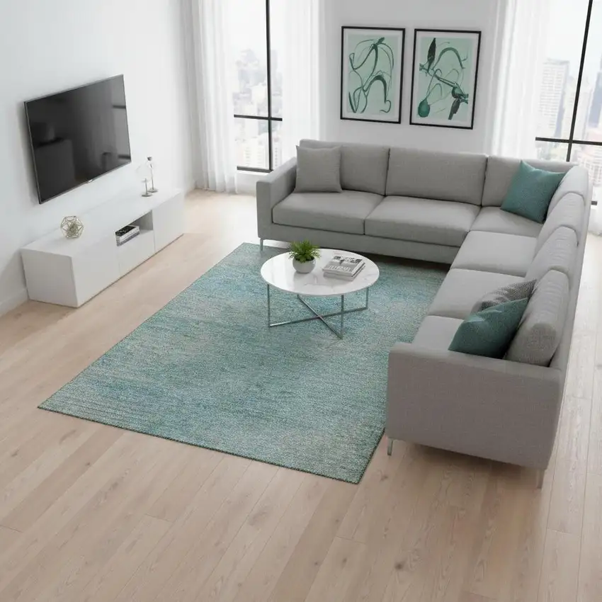 Aqua And Gray Abstract Washable Area Rug With UV Protection Photo 2