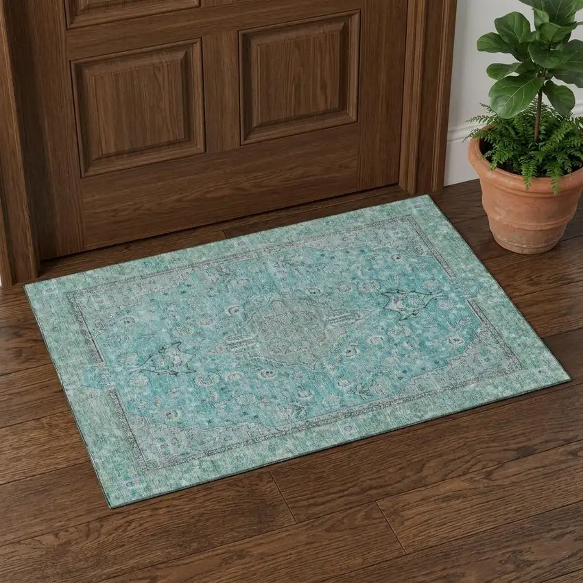 Aqua And Gray Floral Medallion Washable Area Rug With UV Protection Photo 1