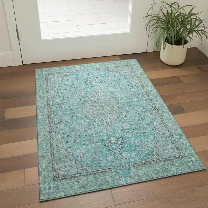 Aqua And Gray Floral Medallion Washable Area Rug With UV Protection Photo 1