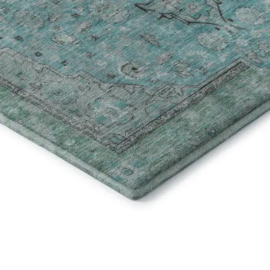 Aqua And Gray Floral Medallion Washable Area Rug With UV Protection Photo 7