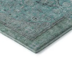 Photo of Aqua And Gray Floral Medallion Washable Area Rug With UV Protection