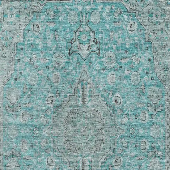 Aqua And Gray Floral Medallion Washable Area Rug With UV Protection Photo 2