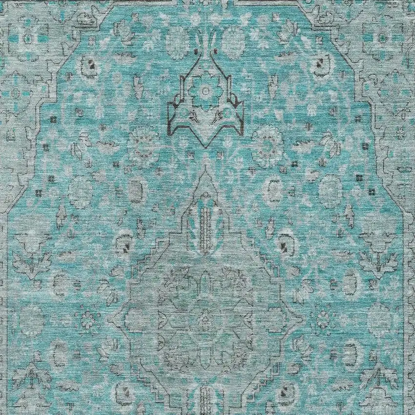 Aqua And Gray Floral Medallion Washable Area Rug With UV Protection Photo 2