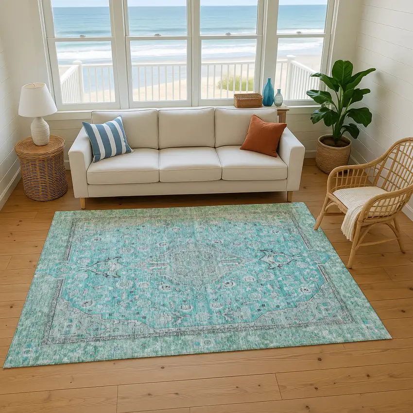 Aqua And Gray Floral Medallion Washable Area Rug With UV Protection Photo 6