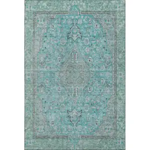 Photo of Aqua And Gray Floral Medallion Washable Area Rug With UV Protection