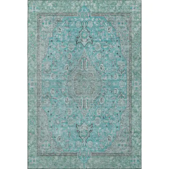 Aqua And Gray Floral Medallion Washable Area Rug With UV Protection Photo 1