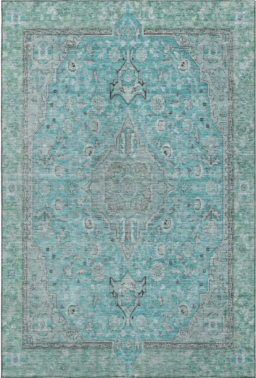 Aqua And Gray Floral Medallion Washable Area Rug With UV Protection Photo 1