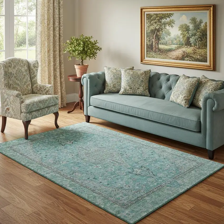 Aqua And Gray Floral Medallion Washable Area Rug With UV Protection Photo 2