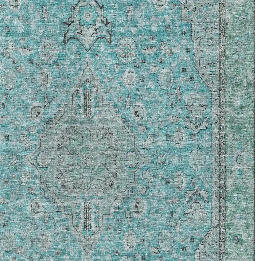 Aqua And Gray Floral Medallion Washable Area Rug With UV Protection Photo 2