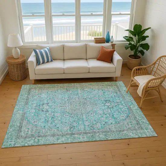 Aqua And Gray Floral Medallion Washable Area Rug With UV Protection Photo 5