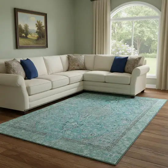 Aqua And Gray Floral Medallion Washable Area Rug With UV Protection Photo 2