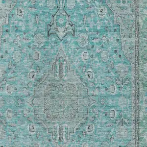 Photo of Aqua And Gray Floral Medallion Washable Area Rug With UV Protection