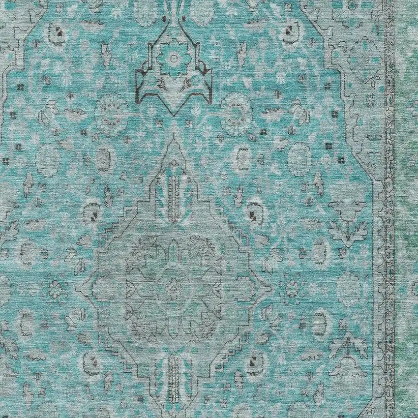 Aqua And Gray Floral Medallion Washable Area Rug With UV Protection Photo 2