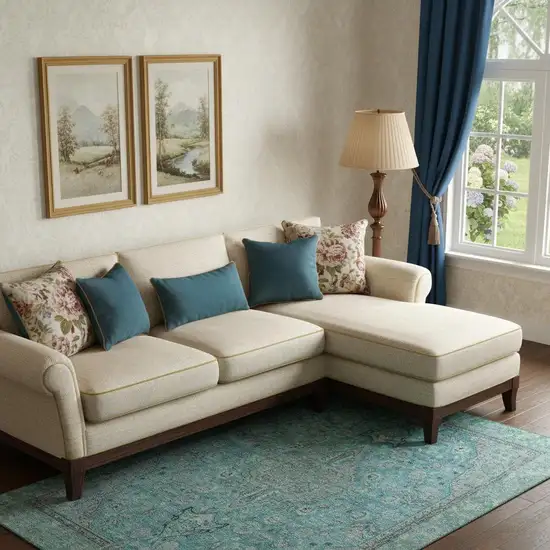 Aqua And Gray Floral Medallion Washable Area Rug With UV Protection Photo 2