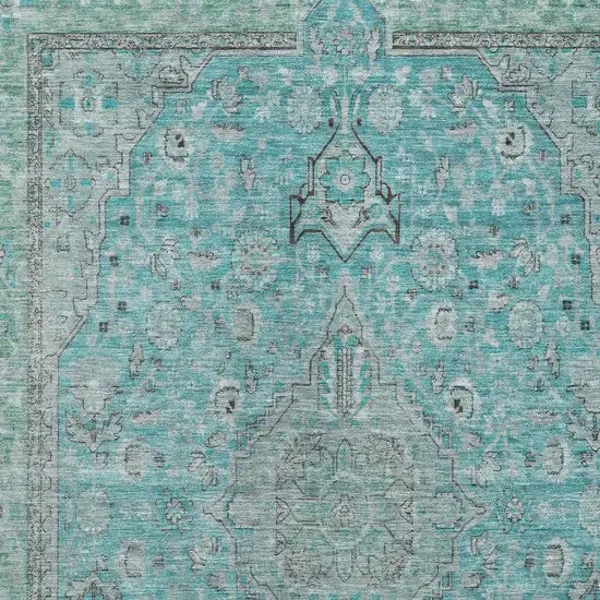 Aqua And Gray Floral Medallion Washable Area Rug With UV Protection Photo 2