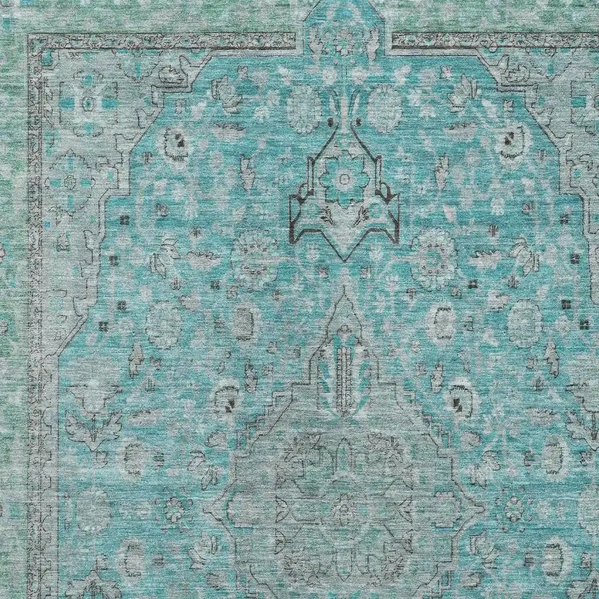 Aqua And Gray Floral Medallion Washable Area Rug With UV Protection Photo 2