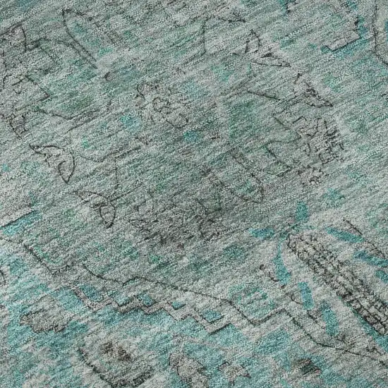 Aqua And Gray Floral Medallion Washable Area Rug With UV Protection Photo 9