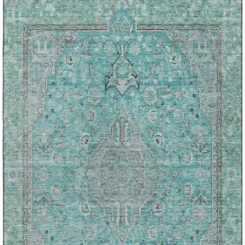 Aqua And Gray Floral Medallion Washable Area Rug With UV Protection Photo 3