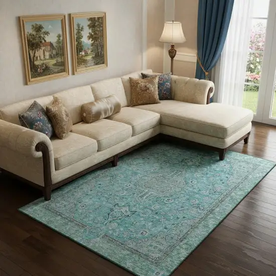 Aqua And Gray Floral Medallion Washable Area Rug With UV Protection Photo 2