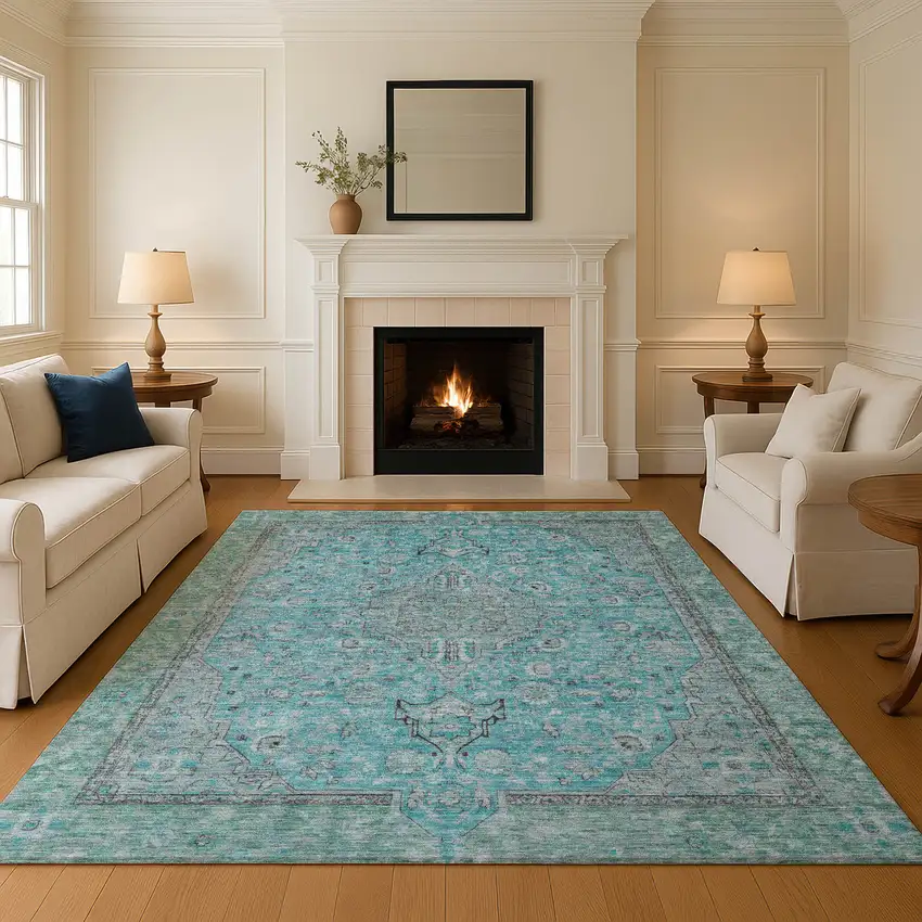 Aqua And Gray Floral Medallion Washable Area Rug With UV Protection Photo 4