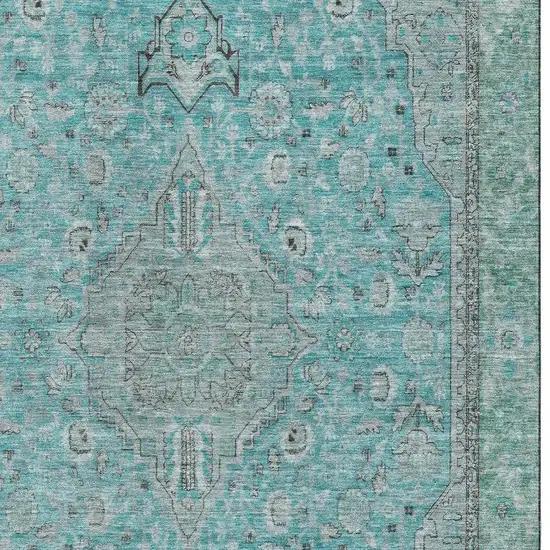 Aqua And Gray Floral Medallion Washable Area Rug With UV Protection Photo 2