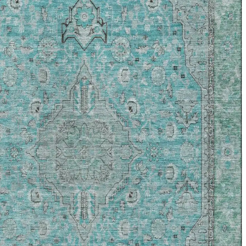 Aqua And Gray Floral Medallion Washable Area Rug With UV Protection Photo 2