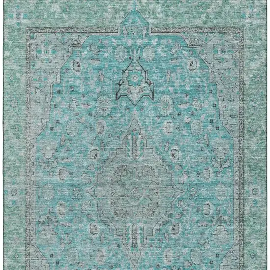 Aqua And Gray Floral Medallion Washable Area Rug With UV Protection Photo 3