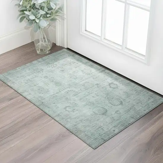 Aqua And Gray Oriental Washable Area Rug With UV Protection Photo 2