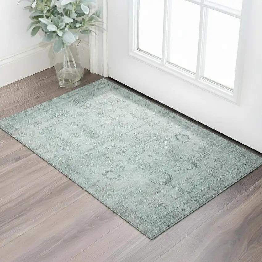 Aqua And Gray Oriental Washable Area Rug With UV Protection Photo 2