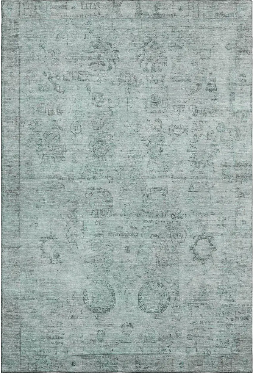 Aqua And Gray Oriental Washable Area Rug With UV Protection Photo 1