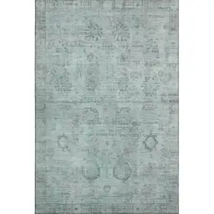 Photo of Aqua And Gray Oriental Washable Area Rug With UV Protection