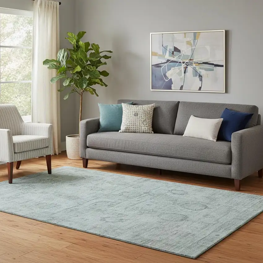 Aqua And Gray Oriental Washable Area Rug With UV Protection Photo 2