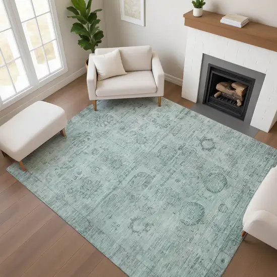 Aqua And Gray Oriental Washable Area Rug With UV Protection Photo 3