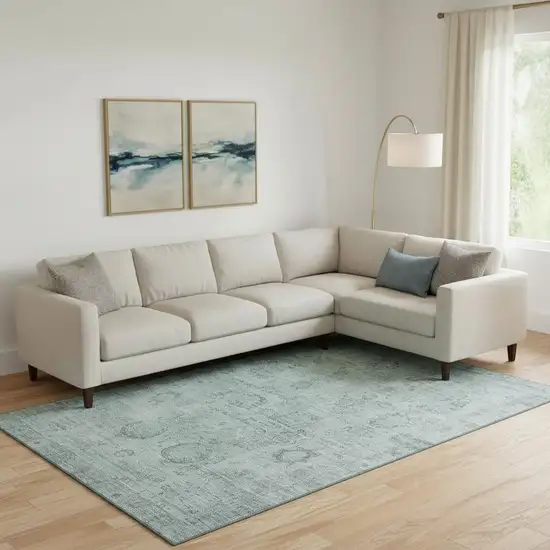 Aqua And Gray Oriental Washable Area Rug With UV Protection Photo 2