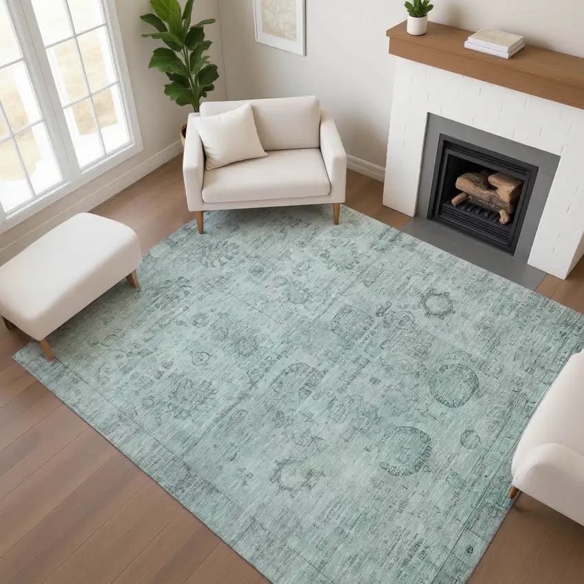 Aqua And Gray Oriental Washable Area Rug With UV Protection Photo 4