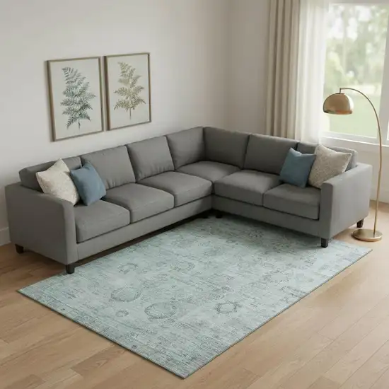 Aqua And Gray Oriental Washable Area Rug With UV Protection Photo 2