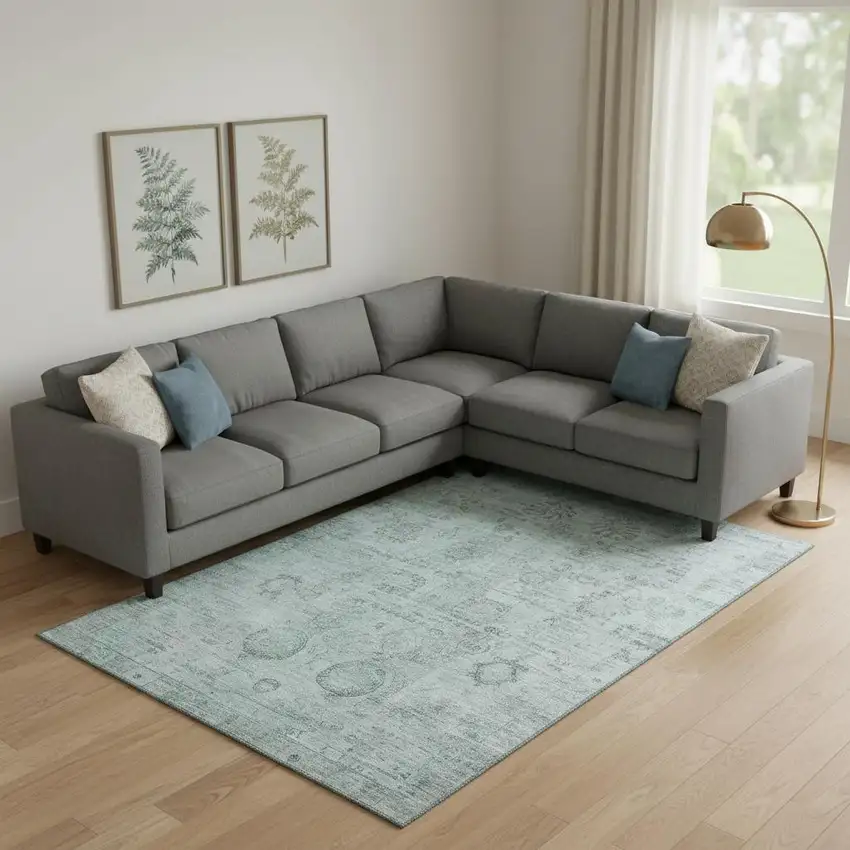 Aqua And Gray Oriental Washable Area Rug With UV Protection Photo 2