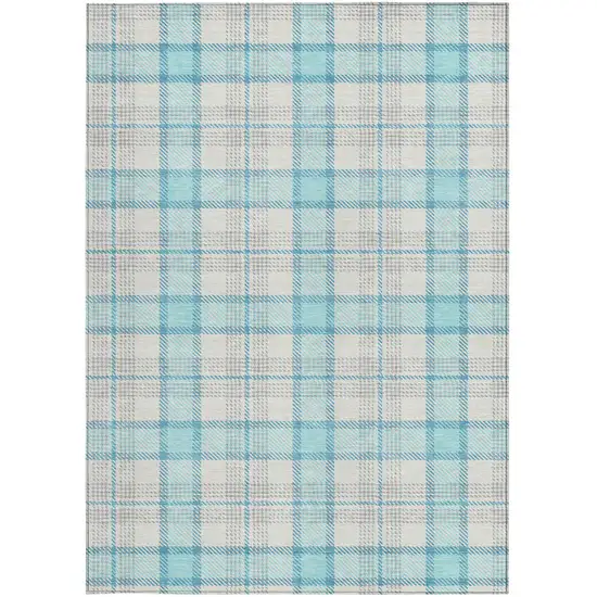 Aqua And Gray Plaid Washable Indoor Outdoor Area Rug Photo 5