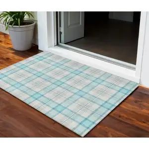 Photo of Aqua And Gray Plaid Washable Indoor Outdoor Area Rug