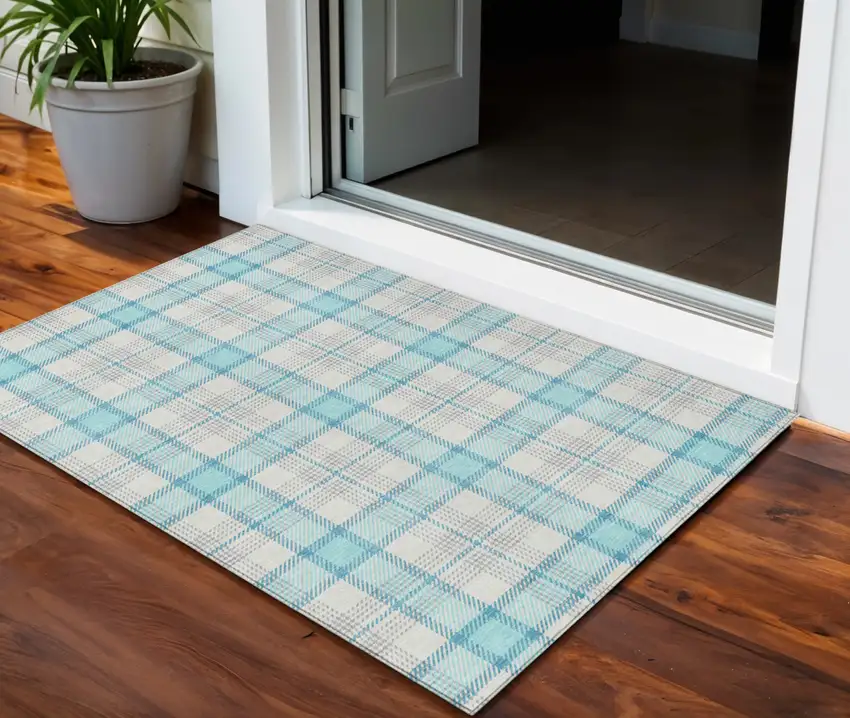 Aqua And Gray Plaid Washable Indoor Outdoor Area Rug Photo 1