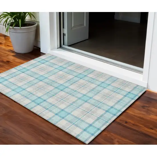 Aqua And Gray Plaid Washable Indoor Outdoor Area Rug Photo 1