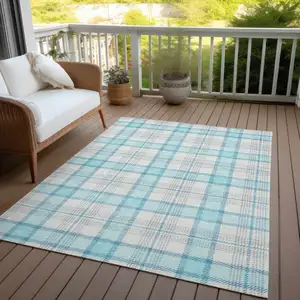 Photo of Aqua And Gray Plaid Washable Indoor Outdoor Area Rug