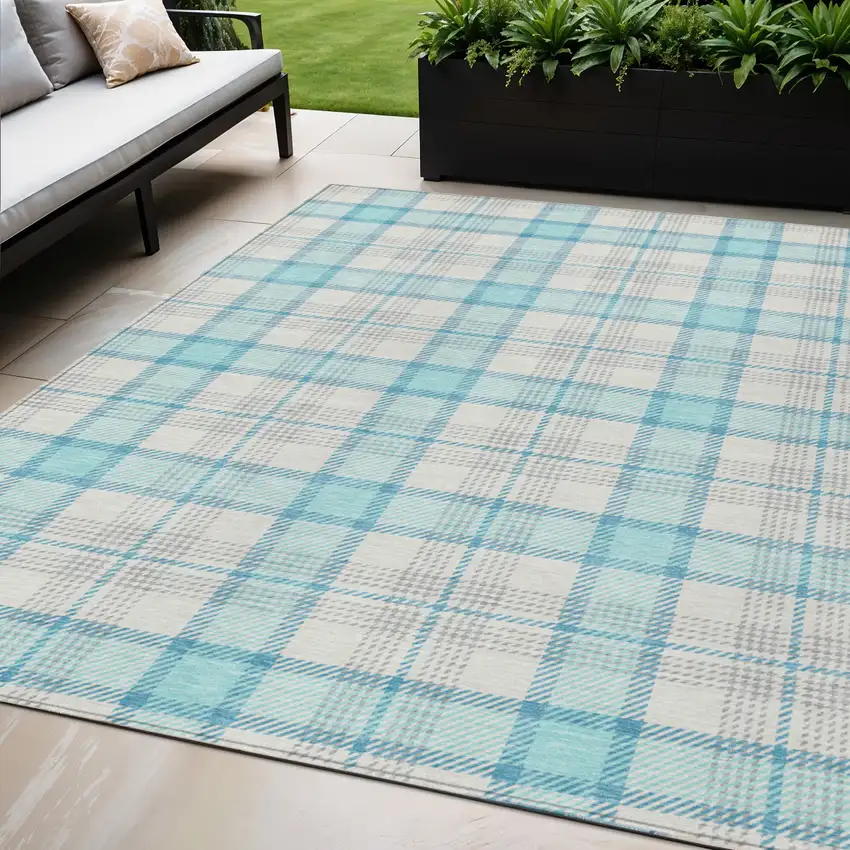 Aqua And Gray Plaid Washable Indoor Outdoor Area Rug Photo 1
