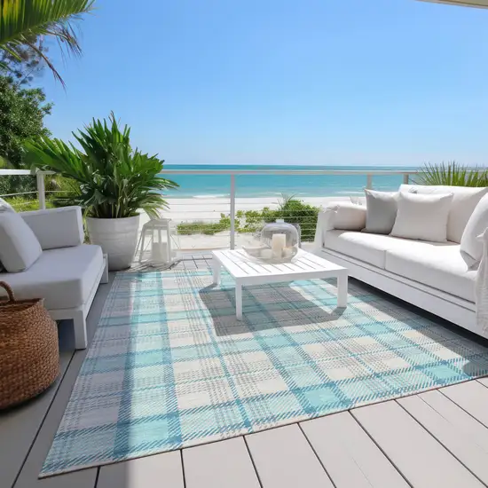 Aqua And Gray Plaid Washable Indoor Outdoor Area Rug Photo 9