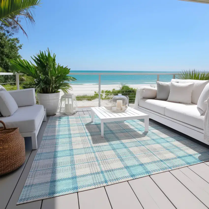 Aqua And Gray Plaid Washable Indoor Outdoor Area Rug Photo 9