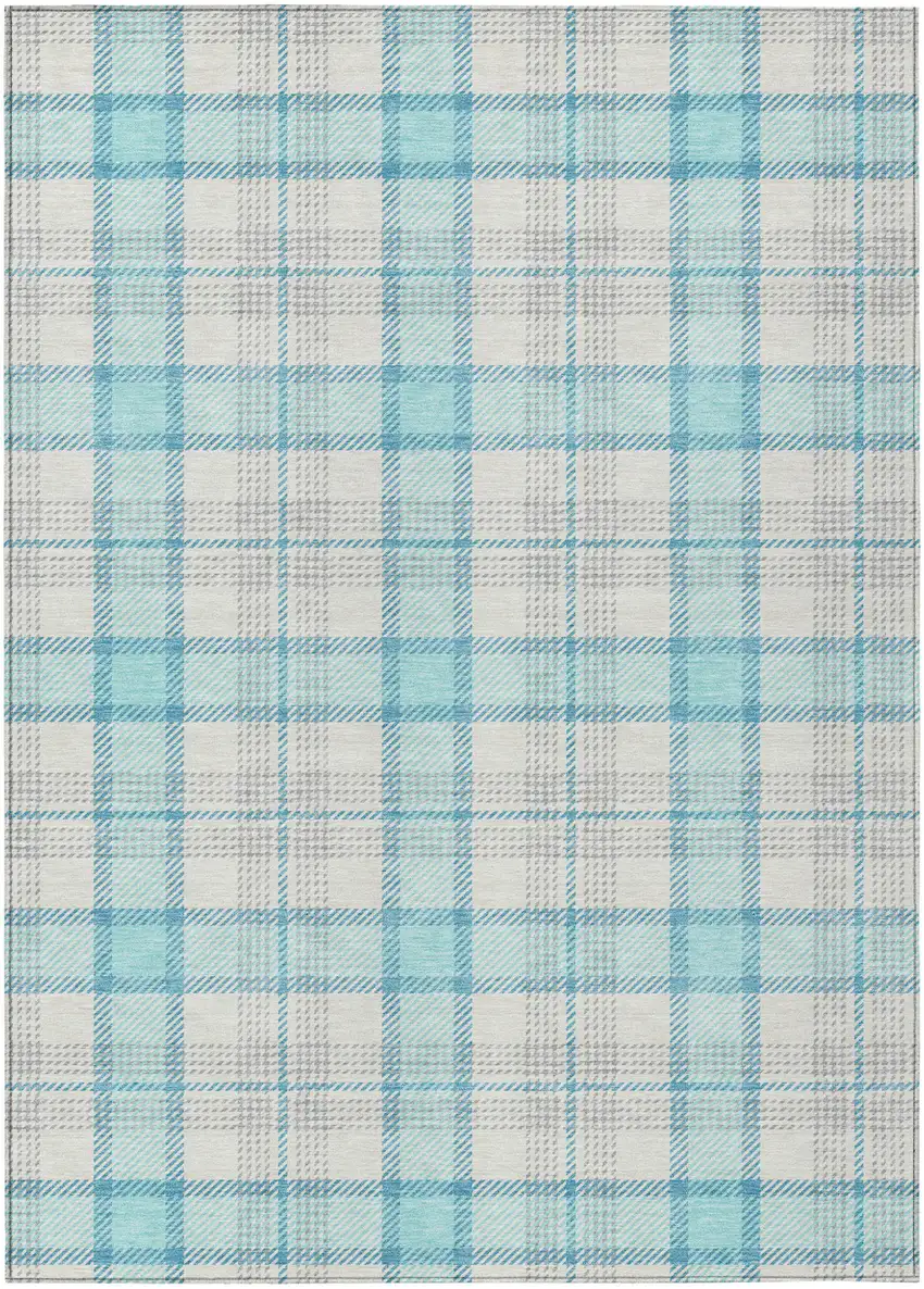 Aqua And Gray Plaid Washable Indoor Outdoor Area Rug Photo 2