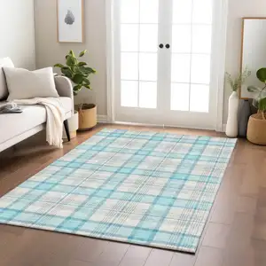 Photo of Aqua And Gray Plaid Washable Indoor Outdoor Area Rug