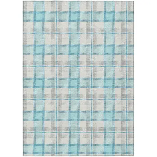 Aqua And Gray Plaid Washable Indoor Outdoor Area Rug Photo 2
