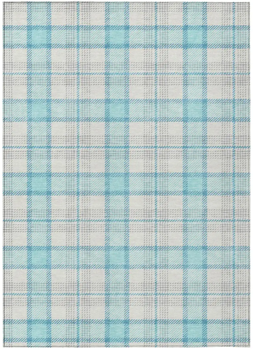 Aqua And Gray Plaid Washable Indoor Outdoor Area Rug Photo 2