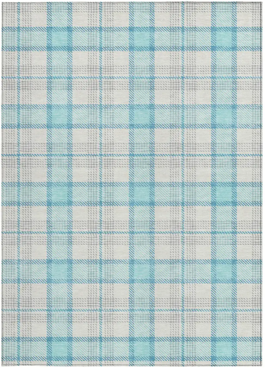 Aqua And Gray Plaid Washable Indoor Outdoor Area Rug Photo 5
